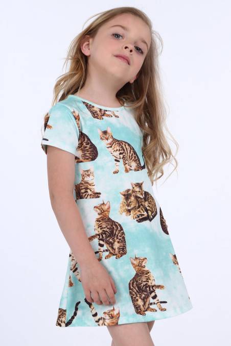 Mėtos spalvos suknelė su katinais mergaitei