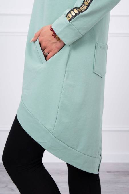 Mėtos spalvos stilingas džemperis su kapišonu