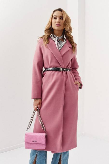 Rožinis ilgas moteriškas paltas su diržu