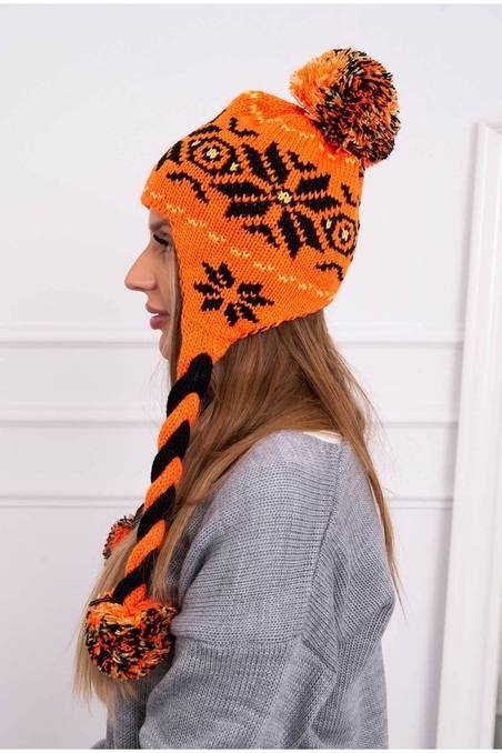 Oranžinė moteriška kepurė su pynėmis K272