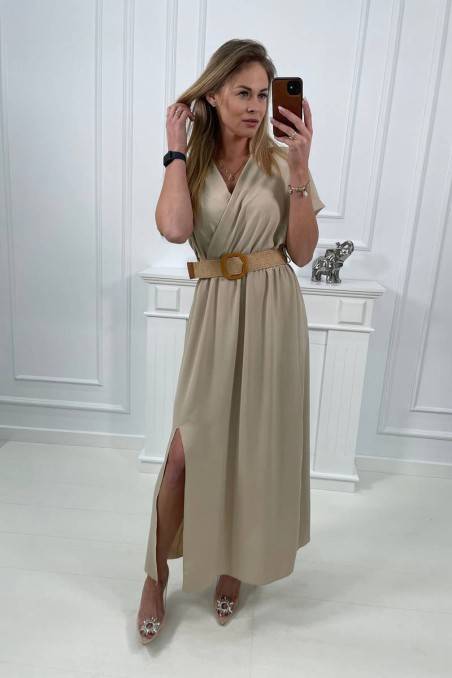 Smėlio spalvos ilga suknelė su diržu KES-24056-6012F