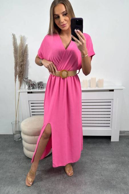 Rožinė ilga suknelė su diržu KES-24674-6012F
