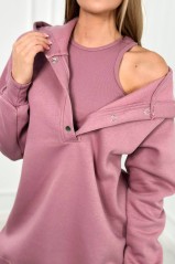 Trijų dalių moteriškas komplektas džemperis, palaidinė ir tamprės rinkinys violetinės spalvos tamsiai rožinė