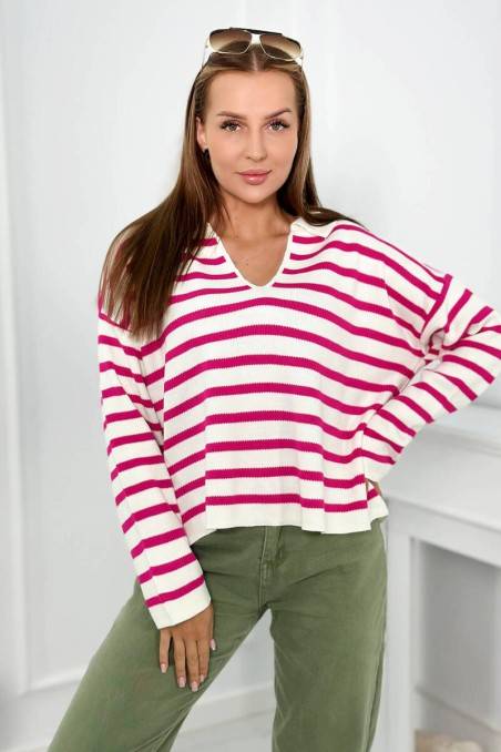 Dryžuotas megztinis ryškiai rožinės spalvos KES-26403-2024-14