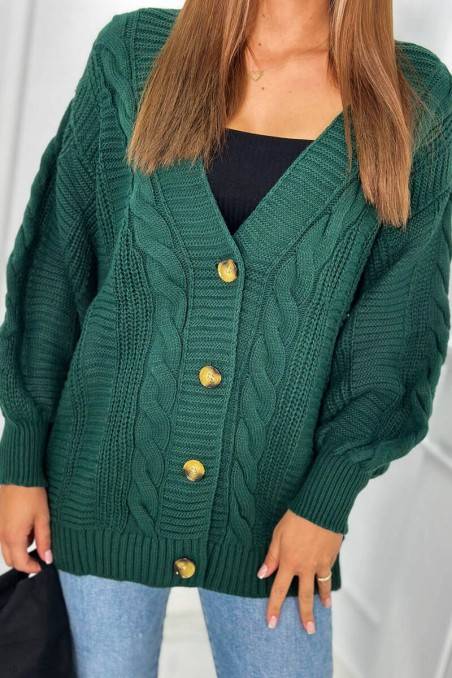 Megztinis su sagomis ir bufetinėmis rankovėmis tamsiai žalia KES-26390-2024-4