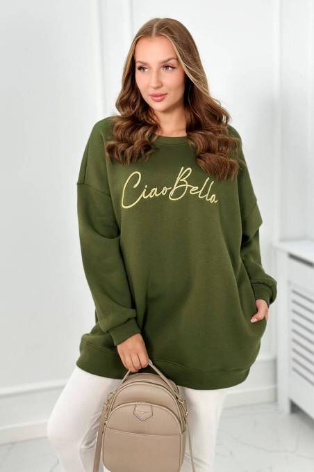 Pašiltintas džemperis su ciao bella užrašu chaki spalvos KES-26561-9612