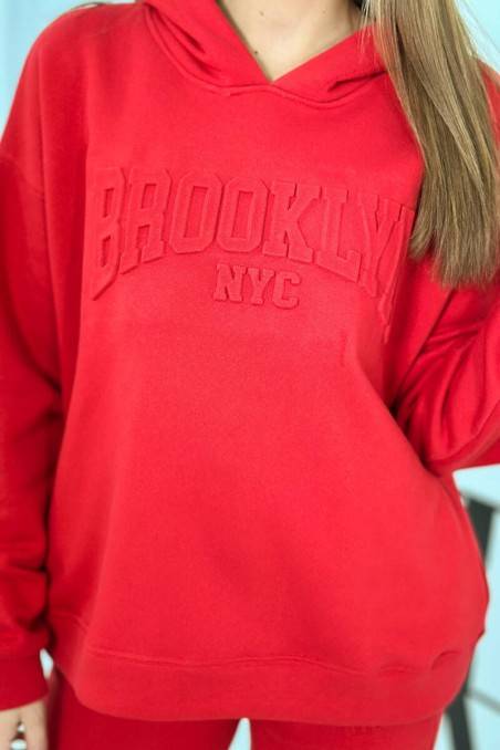 Pašiltintas medvilnės moteriškas rinkinys, komplektas, džemperis + kelnės brooklyn raudonos palvos KES-26625-9617