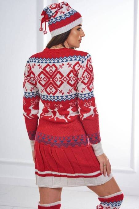 Kalėdinis moteriškas rinkinys, komplektas 1002 megztinio + kepurė + iki kelių kojinės raudonos palvos KES-26684-1002