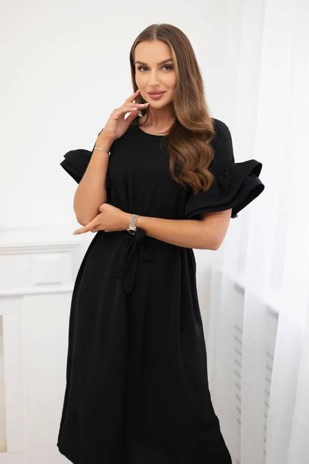 Suknelė, surišta ties juosmeniu dekoratyvinėmis rankovėmis juodos spalvos KES-27704-6485D