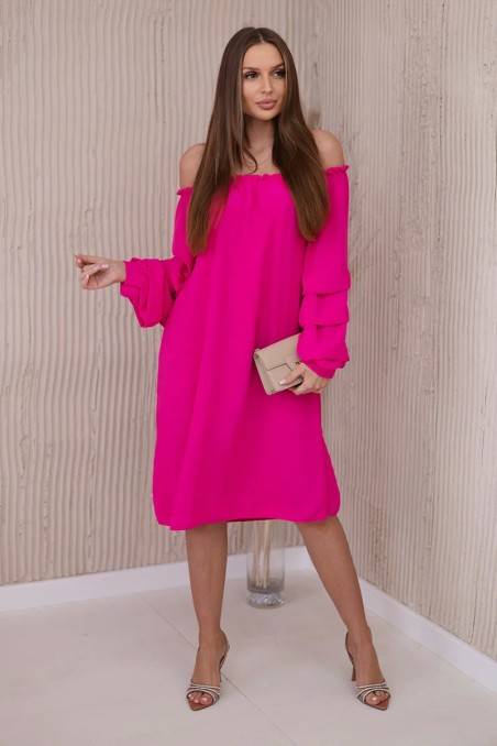Ispaniška suknelė su dekoratyvinėmis rankovėmis ryškiai rožinės spalvos KES-28147-IT-19