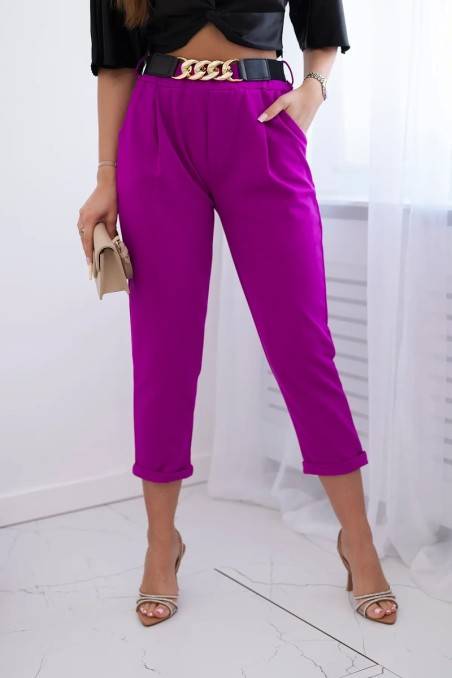 Viskozės kelnės su dekoratyviniu diržu tamsiai violetinės spalvos KES-28391-IT-21