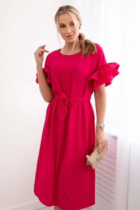 Suknelė, surišta ties juosmeniu dekoratyvinėmis rankovėmis ryškiai rožinės spalvos KES-28715-6485D