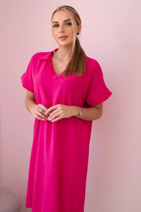 V formos kaklo suknelė su apykakle ryškiai rožinės spalvos KES-28818-IT-33