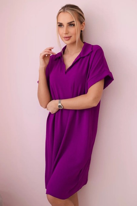 V formos kaklo suknelė su apykakle tamsiai violetinės spalvos KES-28819-IT-33