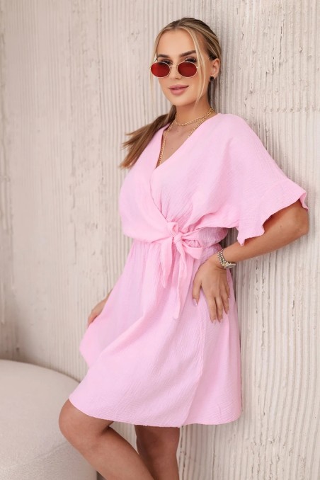 Muslino suknelė su juosmeniu šviesiai rožinė KES-28964-ART88540