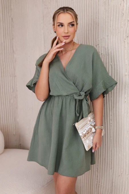 Muslino suknelė su juosmeniu chaki spalvos KES-28970-ART88540