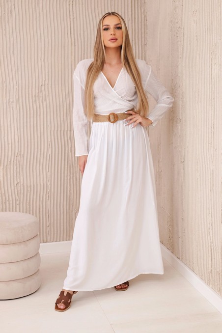 Viskozės sijonas su dekoratyviniu diržu baltas KES-29270-3020