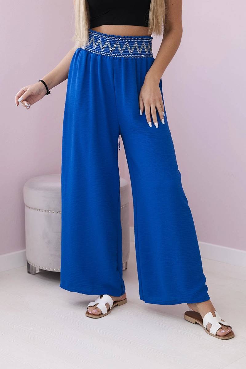 Kelnės su plačia elastine juosmens juosta rugiagėlių mėlynos spalvos KES-29413-IT-40