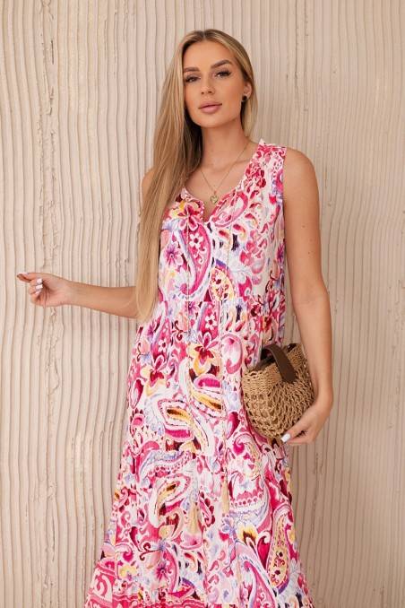 Viskozės suknelė su gėlių motyvu ir surišta iškirpte ryškiai rožinės spalvos KES-29499-ART2702-2