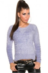 Šviesiai violetinis pūkuotas megztinis moterims su pailginta nugara